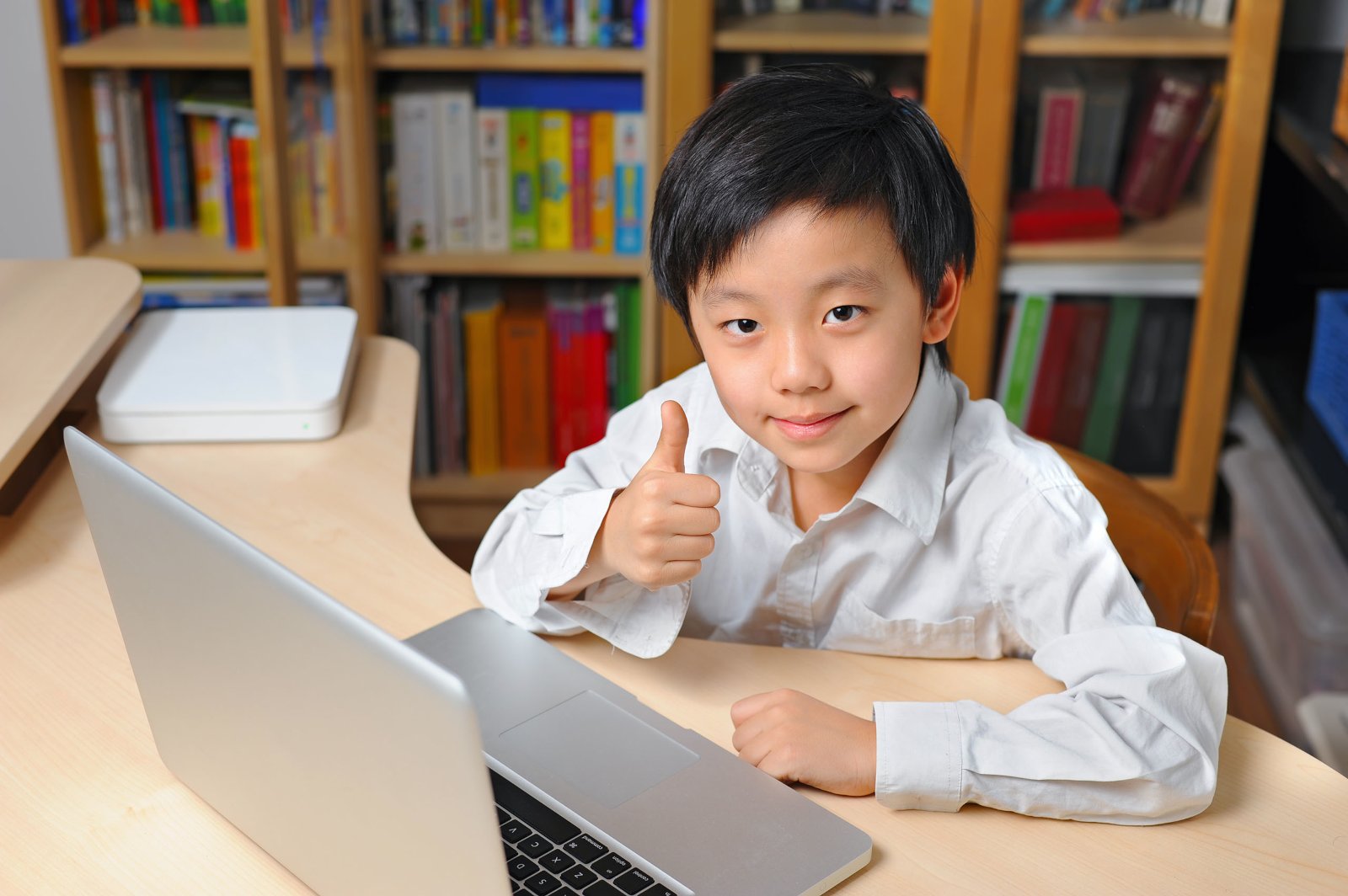 Asian Boy Computer Thumbs Up